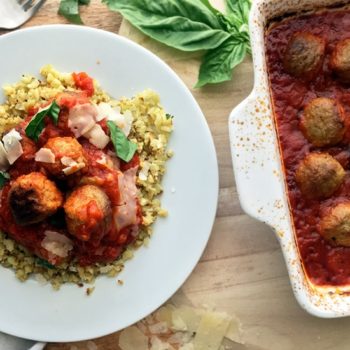 Easy Roasted Cauliflower Rice with Meatballs in Marinara – 2 Minute Prep!